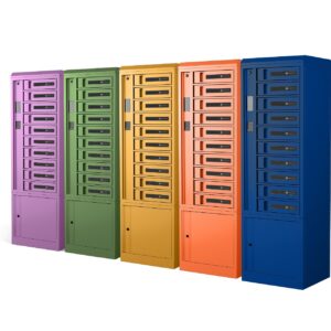 Side view of some Bretford charging lockers in different colors, including orchid, grass, mustard, and more