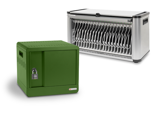 A Bretford CUBE Micro Charging Station in grass color and a Bretford PureCharge Charging Station