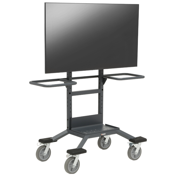 Bretford Explorer Display Cart with an ergonomic handle installed and a TV mounted on it, front left view