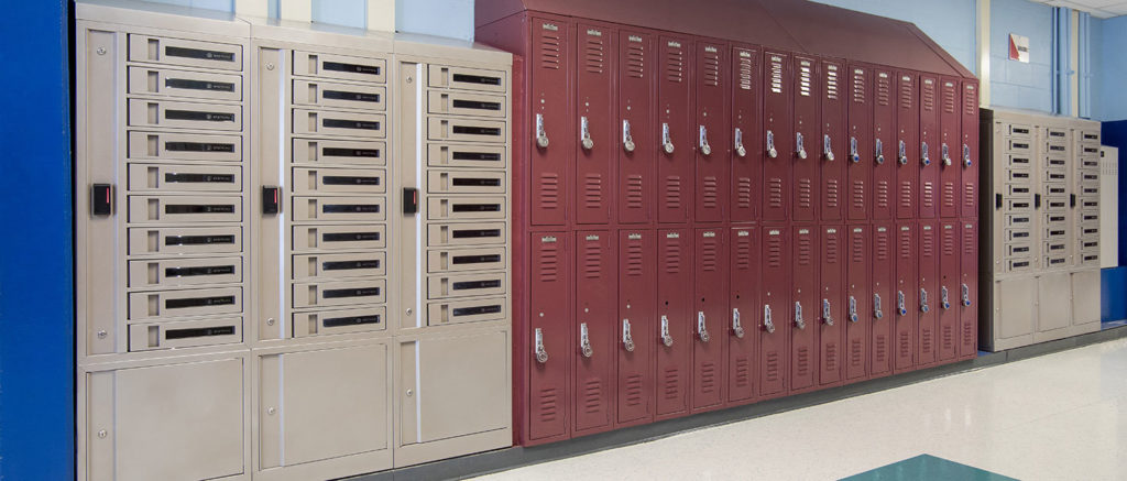Several Bretford charging lockers installed just next to a group of regular school lockers in a Duval County public school