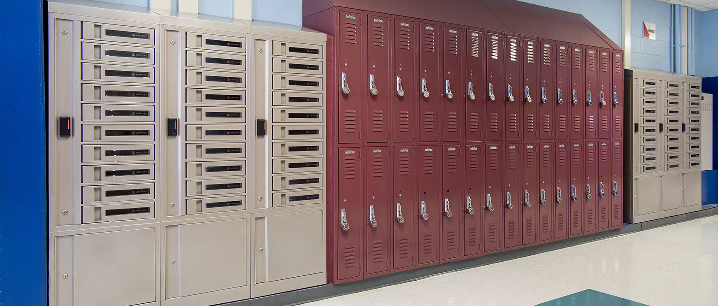 Several Bretford charging lockers installed just next to a group of regular school lockers in a Duval County public school