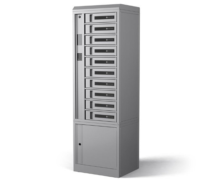 Bretford TechGuard Connect 10 Bay charging locker in platinum color side view