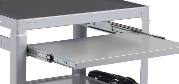 close-up view of the pull out shelf of a Bretford MIC Cart