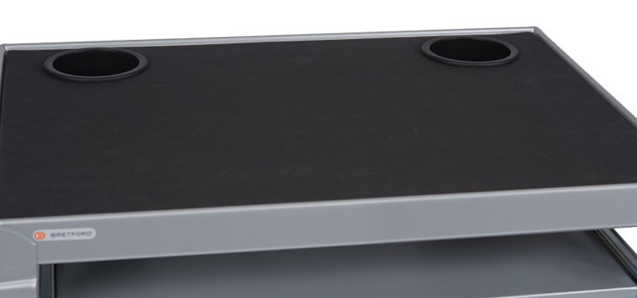 close-up view of the rubber mat on the top shelf of a Bretford utility cart for teachers